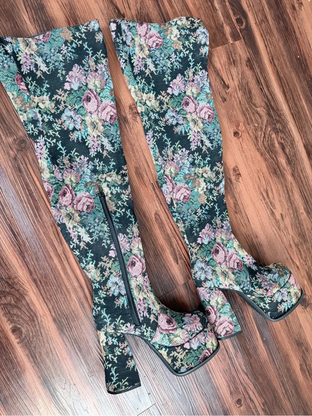 Dolls Kill Floral Tapestry Over-the-Knee Platform Boots - Black/Pink/Green
